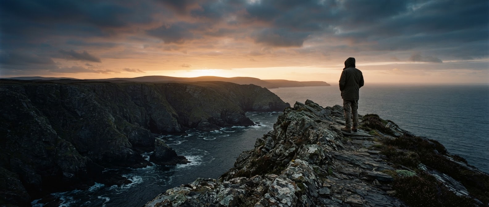 A lone figure on a coastal clifftop at dawn