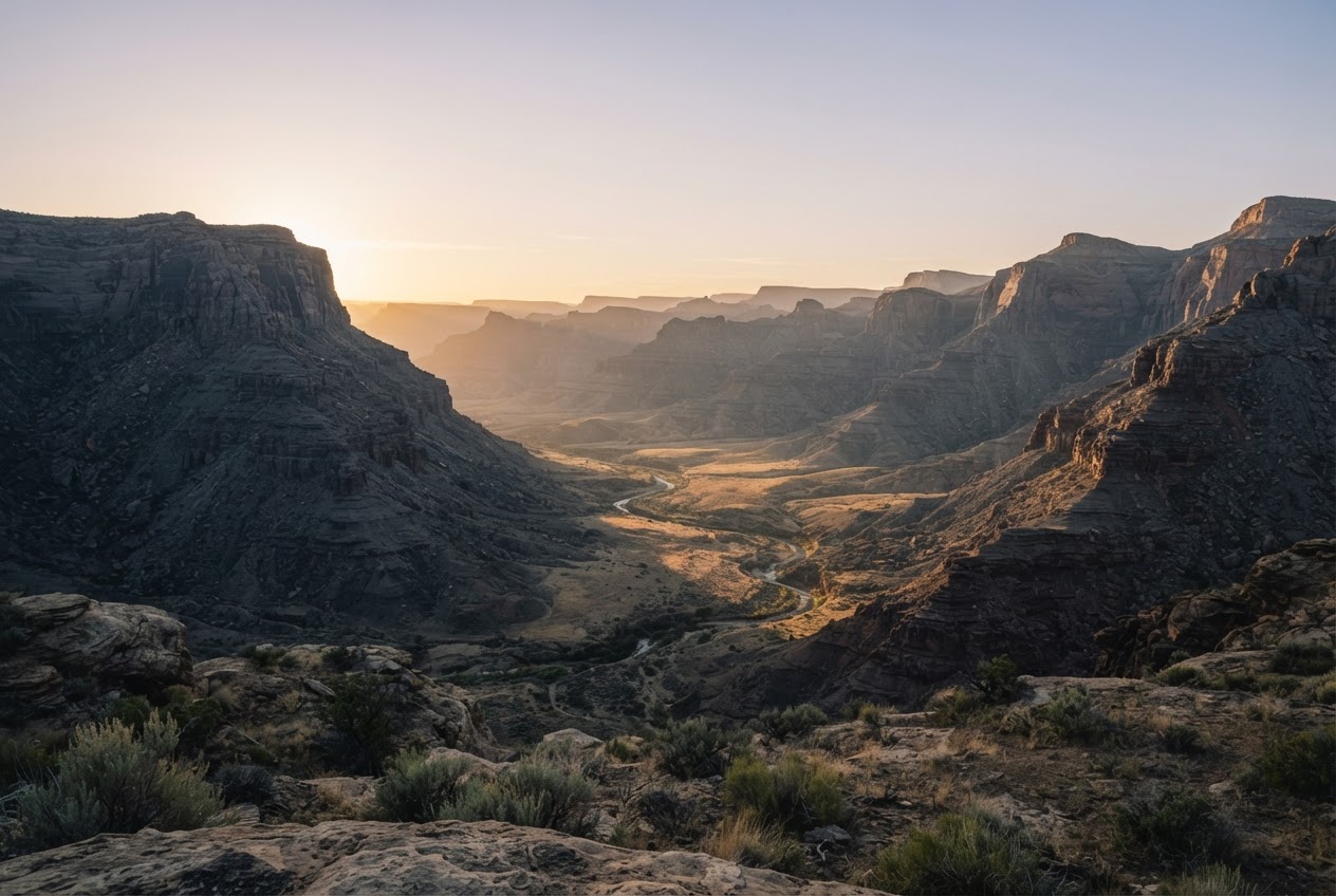 Dawn over canyon terrain